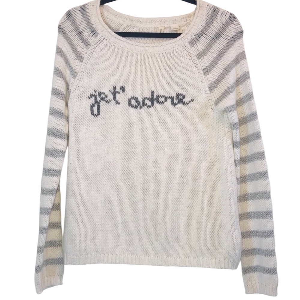 Anthropologie Moth Je T’adore French Cream Cotton Gray Metallic Stripe Sweater S